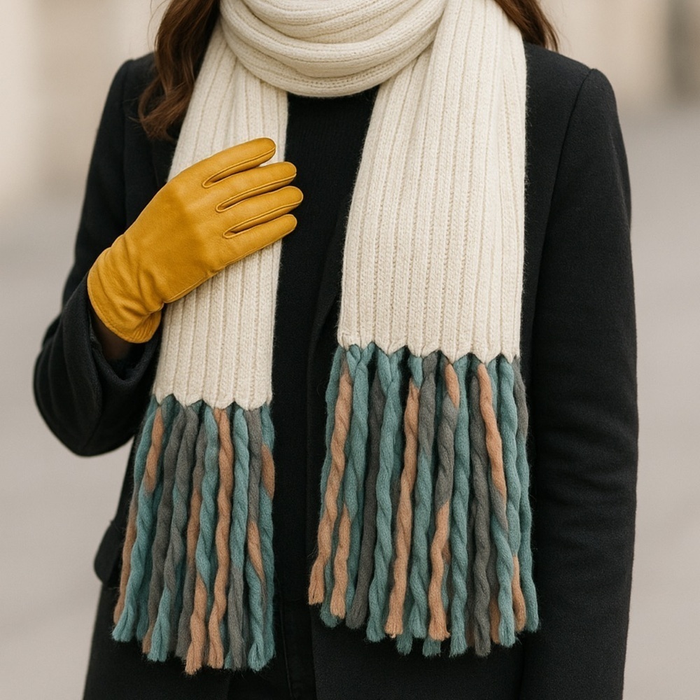 Steve Madden Cream Scarf with Green and Brown Fringe